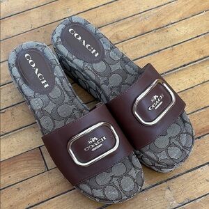 Coach Brown Leather Jacquard Logo Slide Platform Sandals